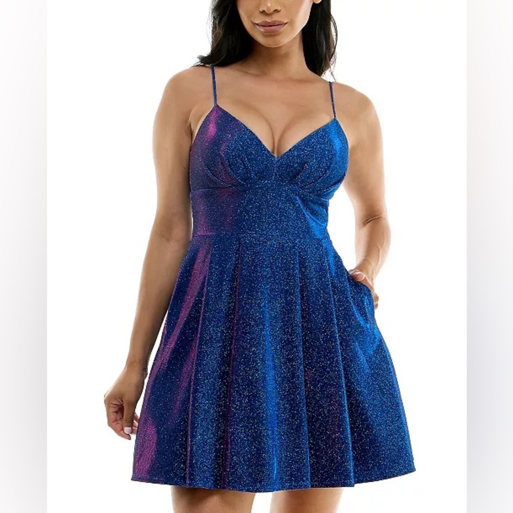 B Darlin Blue Glitter Prom Dress
